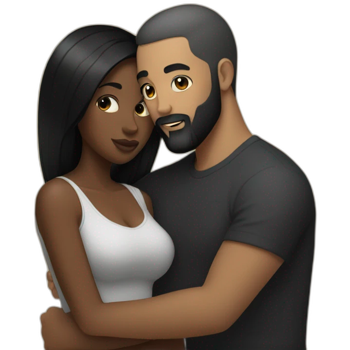 White man with very short black hair and a black beard cuddling a black curvy woman with long black straight hair emoji