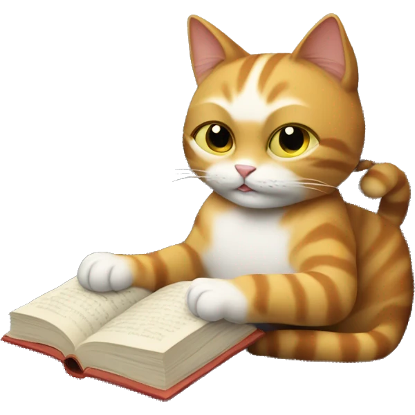The cat is lying on the couch and reading a book emoji