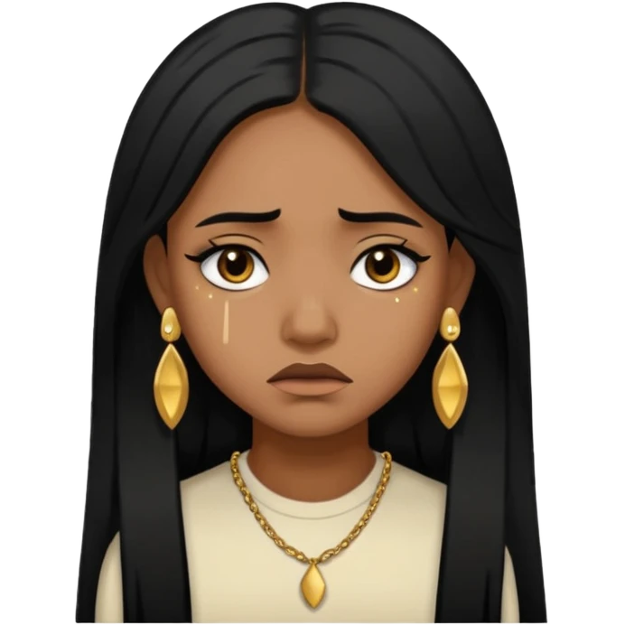 medium brown skin tone girl who has long layered black hair with gold stud earrings  who is sad  emoji