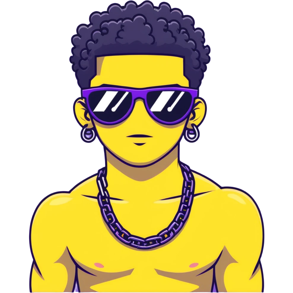 shirtless male athlete with white skin and moderately curly black hair on top with shaved sides, wearing purple sunglasses with black tinted lenses and a plain black chain necklace without pendant emoji
