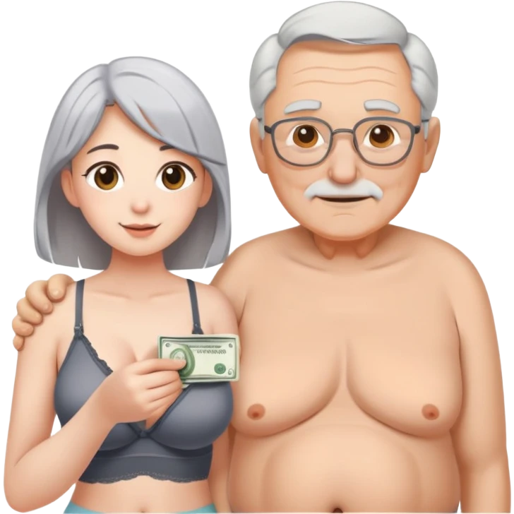 Kind elderly grandfather with gray hair giving money to a, pretty, fat, bralette, young bratz, woman who needs financial help,  emoji