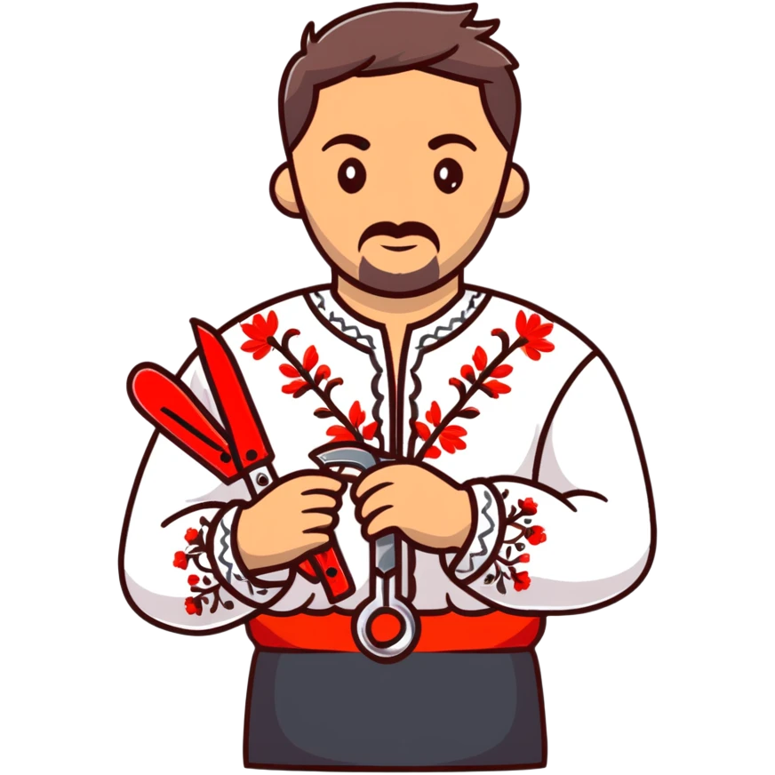 Ukrainian man in traditional embroidered vyshyvanka shirt holding red scissors in one hand and a spanner in the other hand emoji