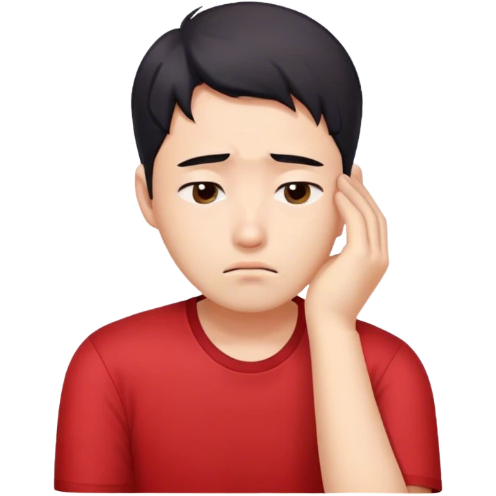 A worried white skib Korean man in a red shirt, resting his head on one hand emoji