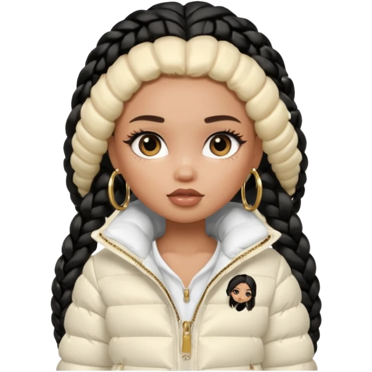 generate a pretty bratz girl with a WHITE puffer jacket, hoops, long braided hair black emoji