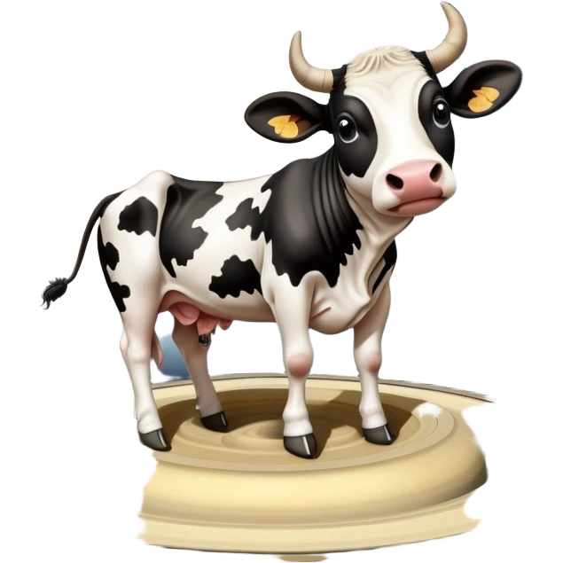 A black and white spotted cow head on top of the planet Saturn with its rings, and enormous human feet wearing shoes supporting the whole structure emoji