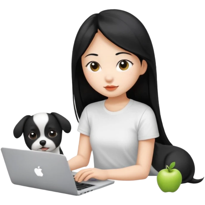 Asian girl with long black hair , wearing a white t-shirt, working on an Apple laptop, next to her is a small black and white dog emoji