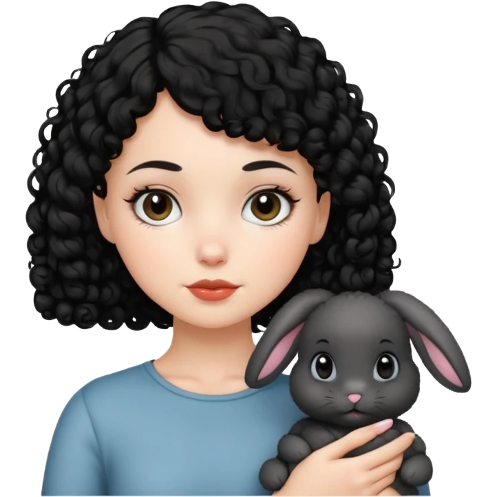 White girl with a short black curly hair and a black bunny emoji