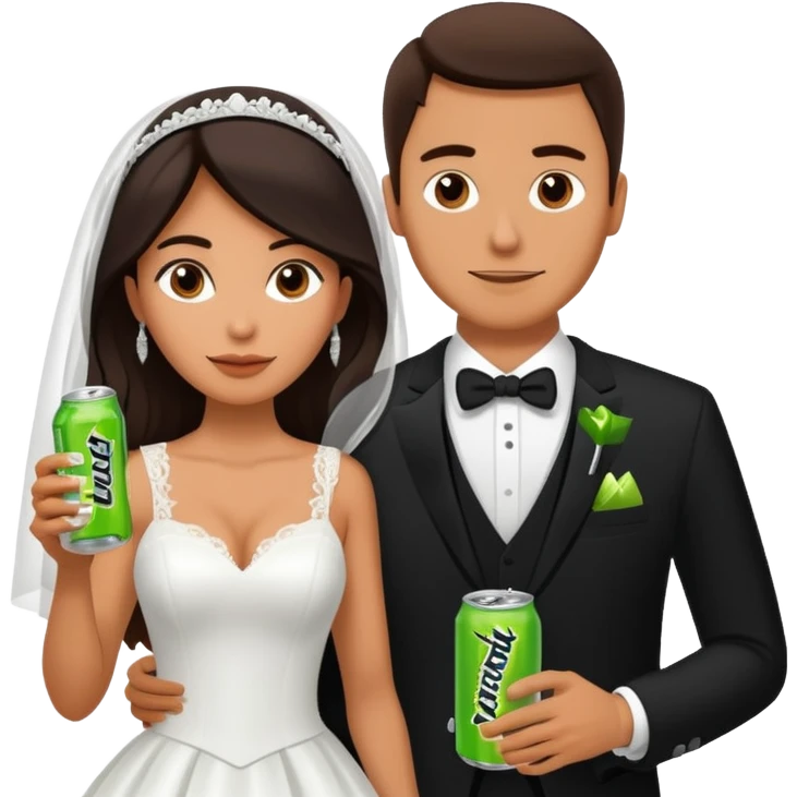 mexican wife in white wedding dress and white husband in wedding suit holding monster energy drink emoji