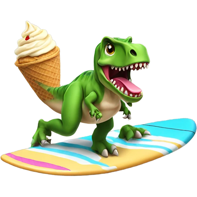 T-rex surfing while eating an ice cream emoji