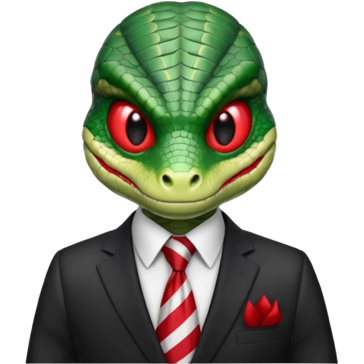 A green reptilian humanoid dressing a suit, striped red and white tie, human emoji style, his face is seriously, his eyes is similar to real viper snake eye emoji