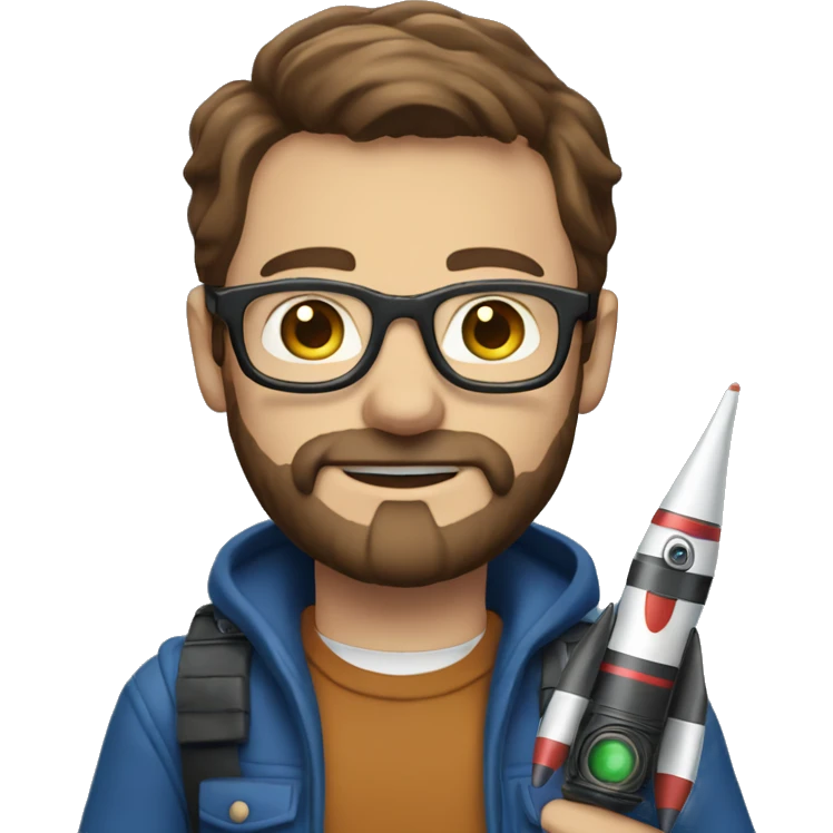 Man with glasses and brown hair and beard blue eyes, holding a camera, and a toy rocket emoji