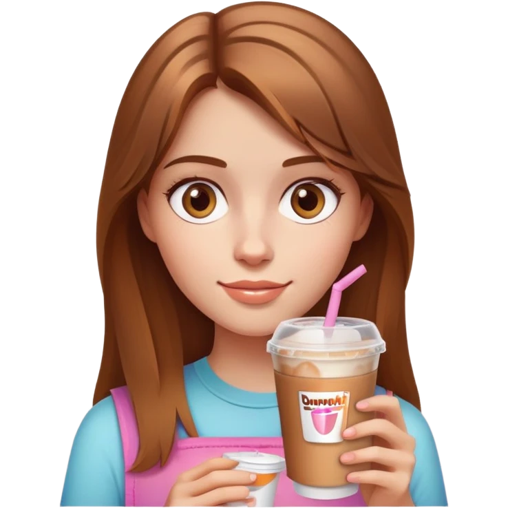 Fair skin light brown hair hazel eyes girl holding a dunkin iced coffee cup emoji