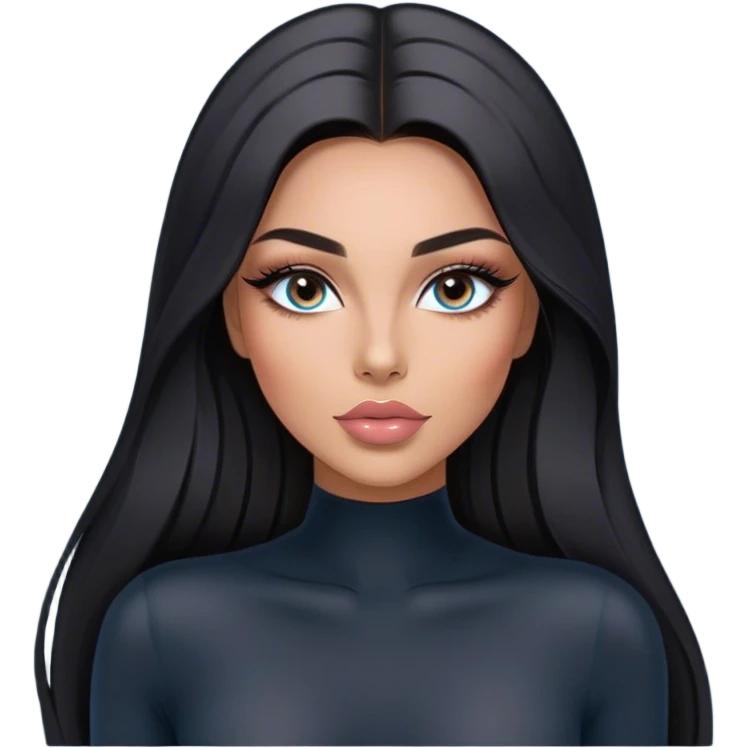 Glamours, tanned, very beautiful girl, with big pump peach-beige-rose lips, long long lashes, black straight smooth silky long hair, straight parting hair, blue-grey eyes in black long-sleeves bodysuit emoji