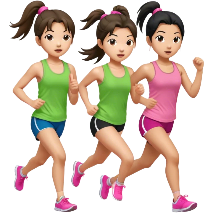 two asian girls ponytail. one with green tank top and pink tank top running emoji