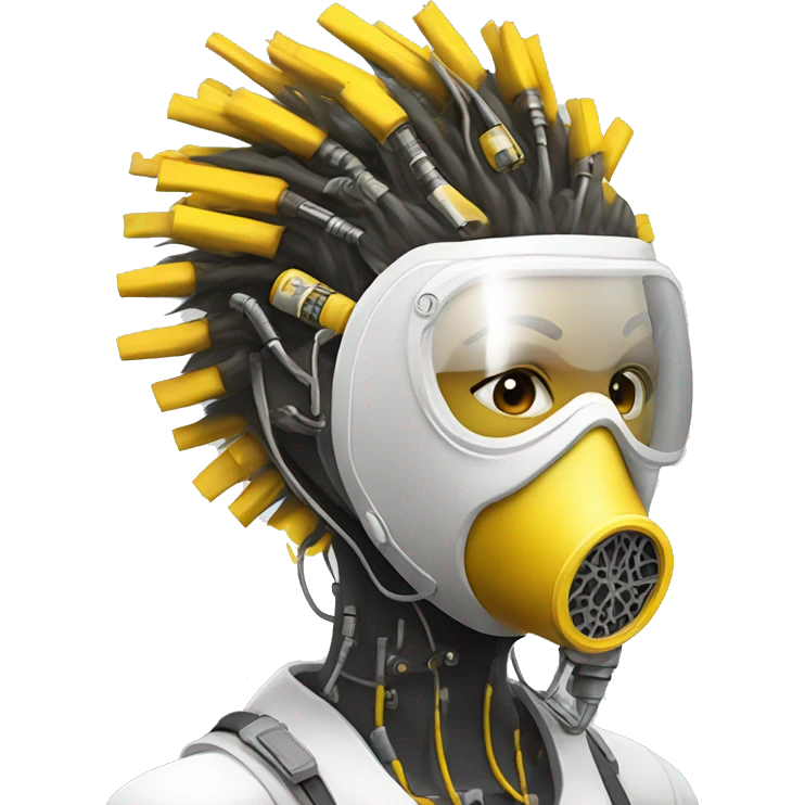 Dark yellow Mohawk female cyborg head with white respirator mask and circuits emoji