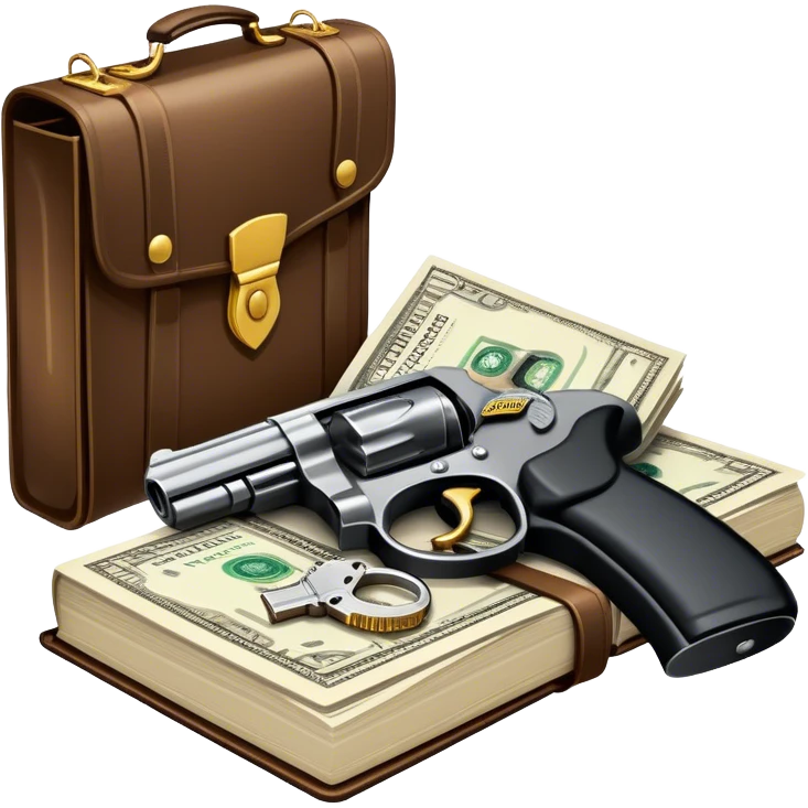 Icon for Action & Crime Reading: open book with text and picture, with a silhouette of a gun, a bag of money, and a police badge on the pages. Surrounding elements include a pair of handcuffs, a briefcase, and scattered bullet casings. Transparent background. emoji