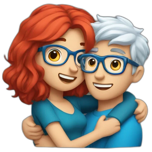 a boy with silver hair and a curvy girl with red hair and blue glasses hugging emoji