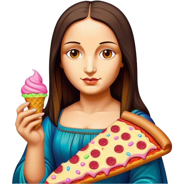 pop art neon Monalisa holding Melted spam meat ice cream pizza slice emoji