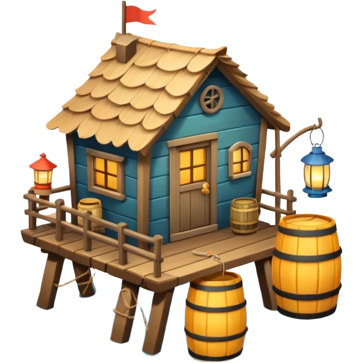 
fisherman house on a wooden pier, small dock, fishing nets hanging, barrels, lantern, ocean vibe, 3D cartoon, cute mobile game icon, clean background, no text
 emoji