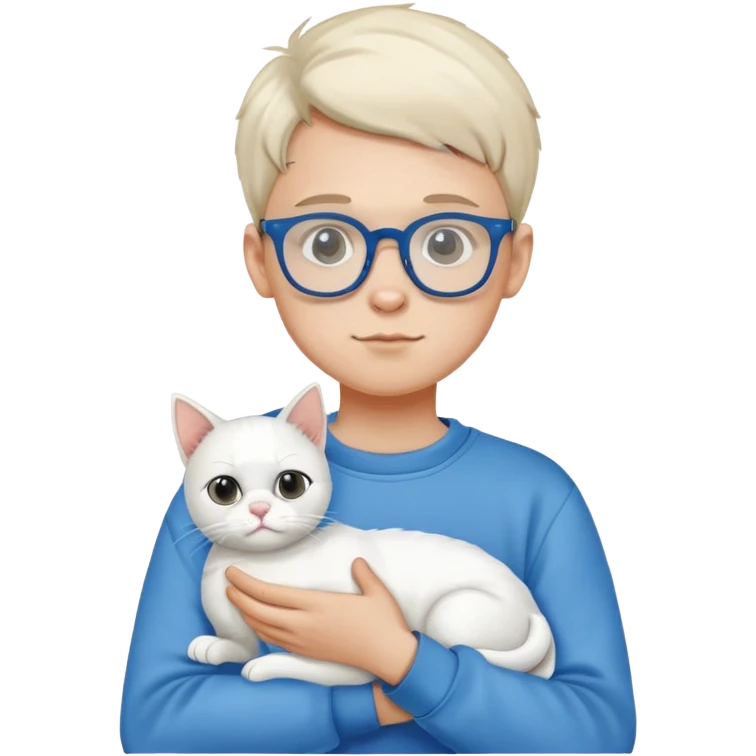 A boy wearing a sweatshirt and glasses holding a white cat emoji