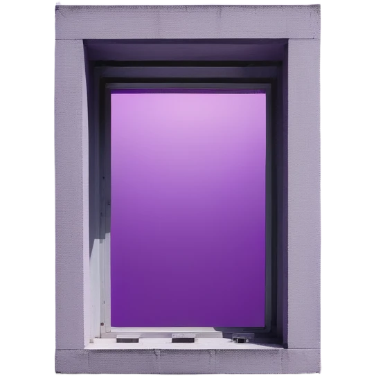Minimalist gray concrete panel building, slight ghetto vibe, one window with bright purple ultraviolet light for growing plants, simple rectangular shape, stark and bare emoji