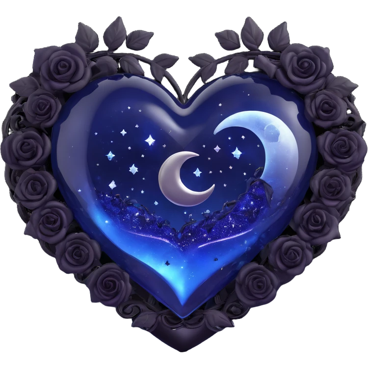3D emoji gothic heart, midnight blue glass, silver crescent moon, tiny black roses, shimmering stardust, swirling galaxy background emoji
