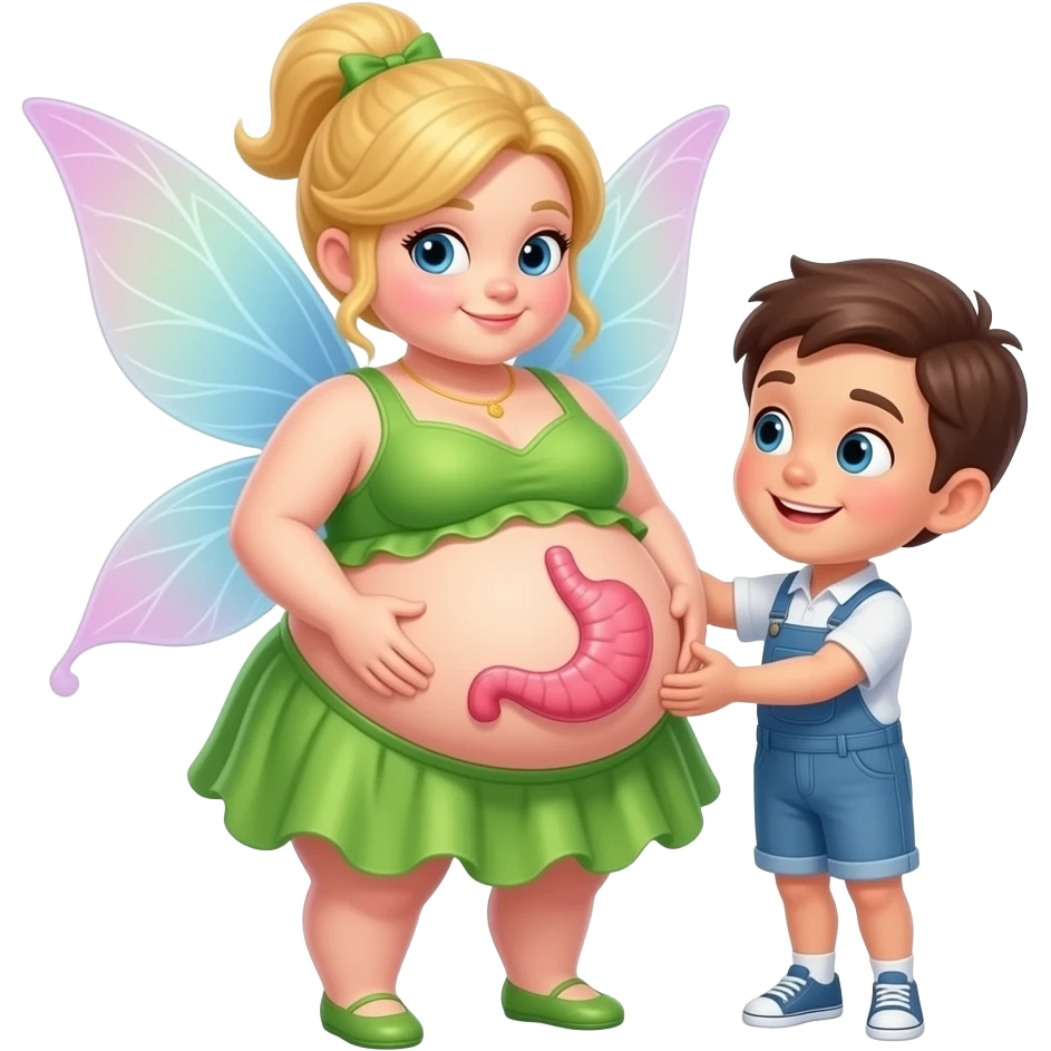 A fairy cradling her stuffed tummy after a big meal,a secret admirer wants to hug her belly and listen to those rumbling digestive noises. emoji