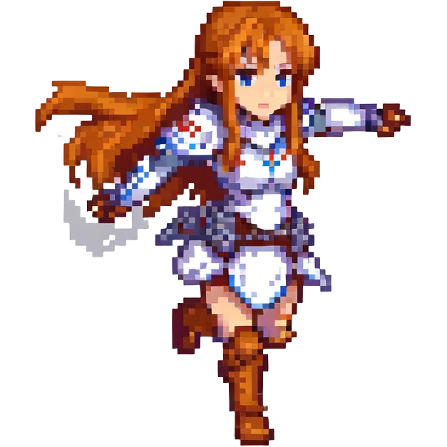Sticker of Asuna from Sword Art Online in pixel art style, combat pose, transparent background, inspired by the reference image. emoji