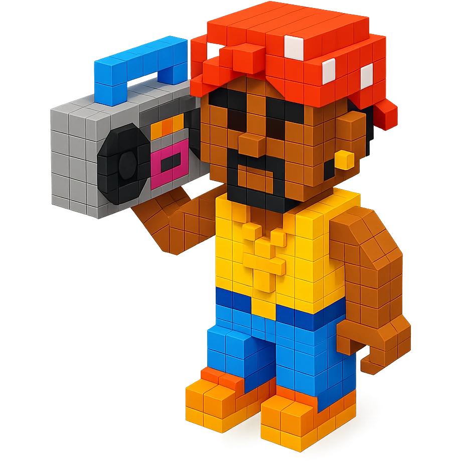 Lego 2Pac holding a boombox, detailed and colorful, retro hip-hop vibe emoji