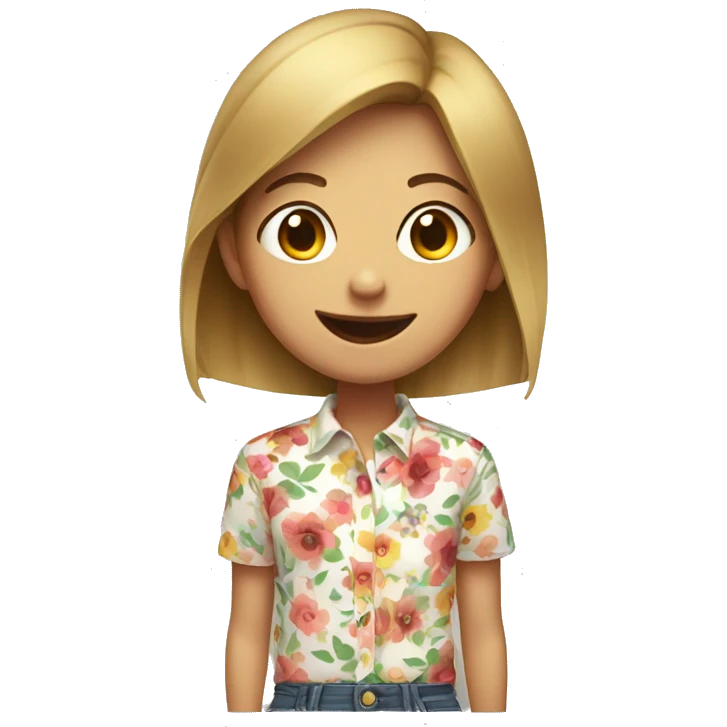 smiling girl in floral shirt, mouth closed emoji