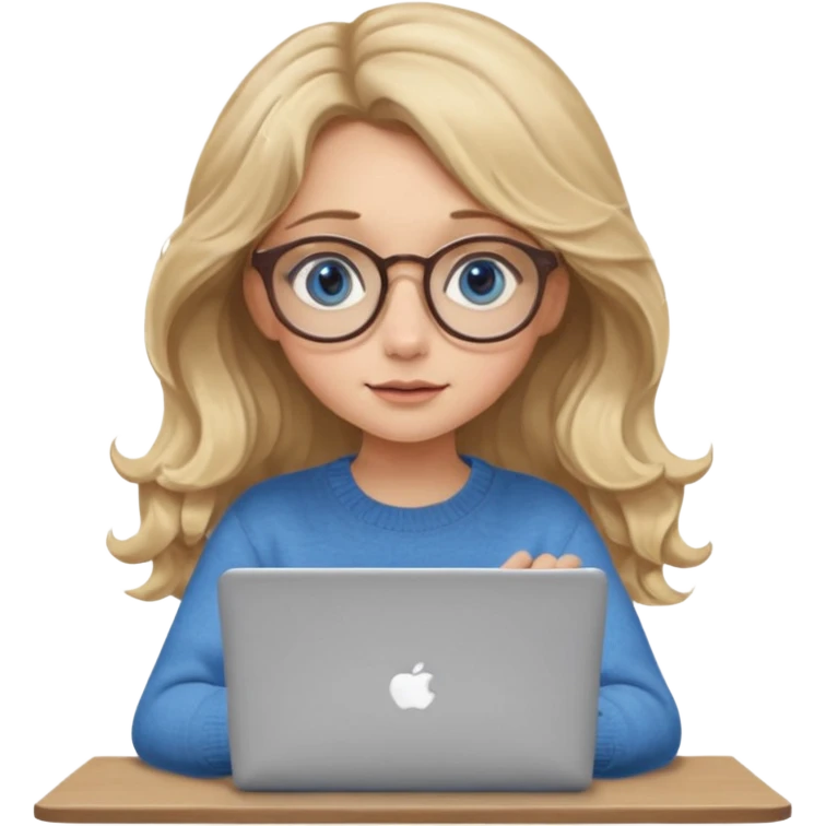 blonde girl with long dark blonde wavy hair, blue big eyes, pantos-style glasses, a brown sweater, sitting and looking in laptop, soft pastel, upper body shot emoji