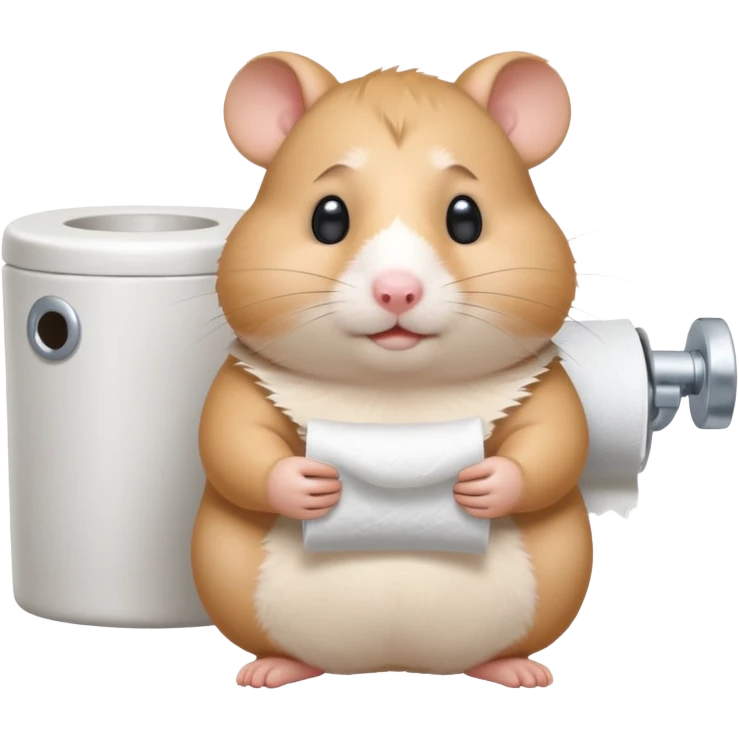 Cute chubby cartoon-style hamster sitting on toilet holding toilet paper looking as if he had an accident, sticker-style illustration emoji