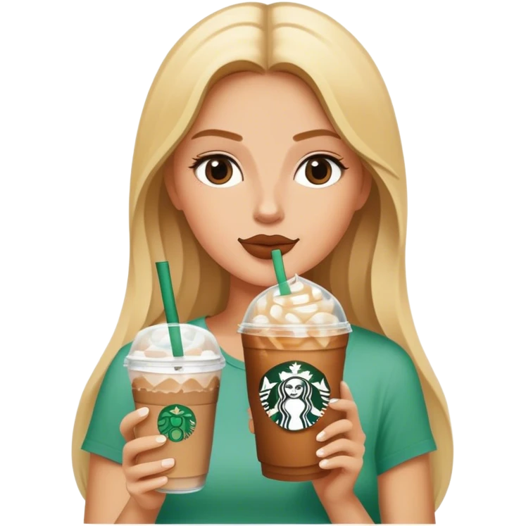 Long blonde model sipping a Starbucks iced coffee emoji
