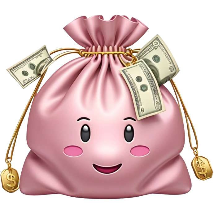 Soft pink satin money bag overflowing with cash, subtle luxury, no logos, 3D emoji style. emoji