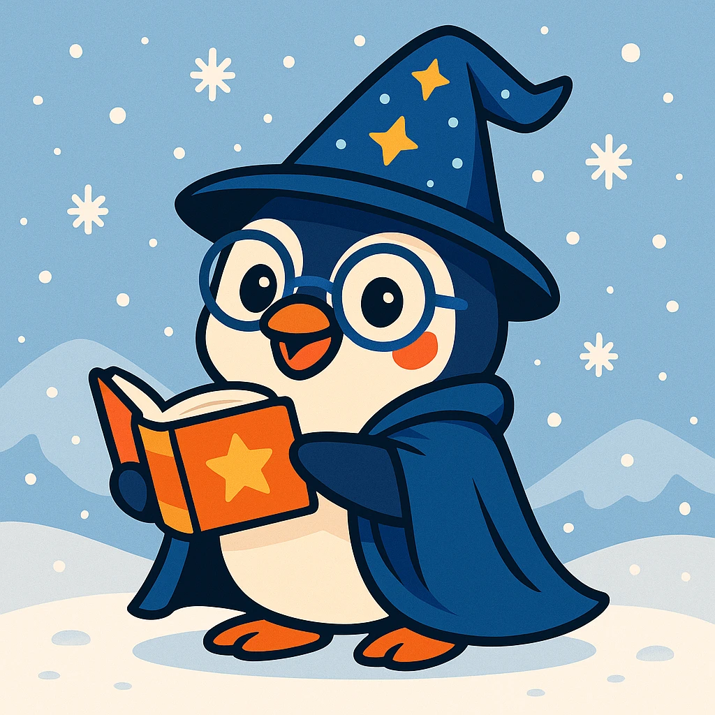 Add a snowy background behind the playful penguin wizard, keeping the fun and friendly style. emoji