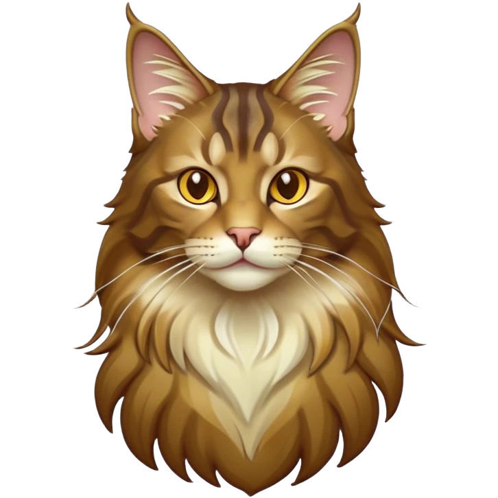 Cinematic Maine Coon Cat Portrait Emoji, Elegant and alert, sleek brown, gold, and cream tones, Simplified yet sharp features, highly detailed, glowing with a warm, confident glow, high shine, intelligent and poised, stylized with an air of grace, focused and attentive, soft glowing outline, capturing the essence of strength and grace, so lifelike it feels as though it could spring into motion with its majestic tail swishing at any moment! emoji