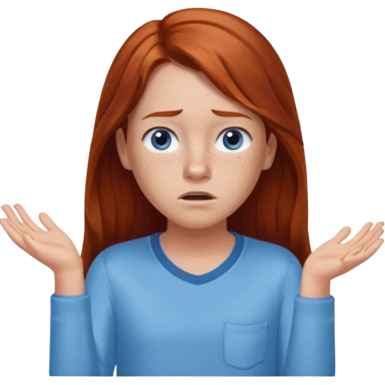 shrugging confused emoji tween long auburn hair light blue shirt with a darker blue L emoji