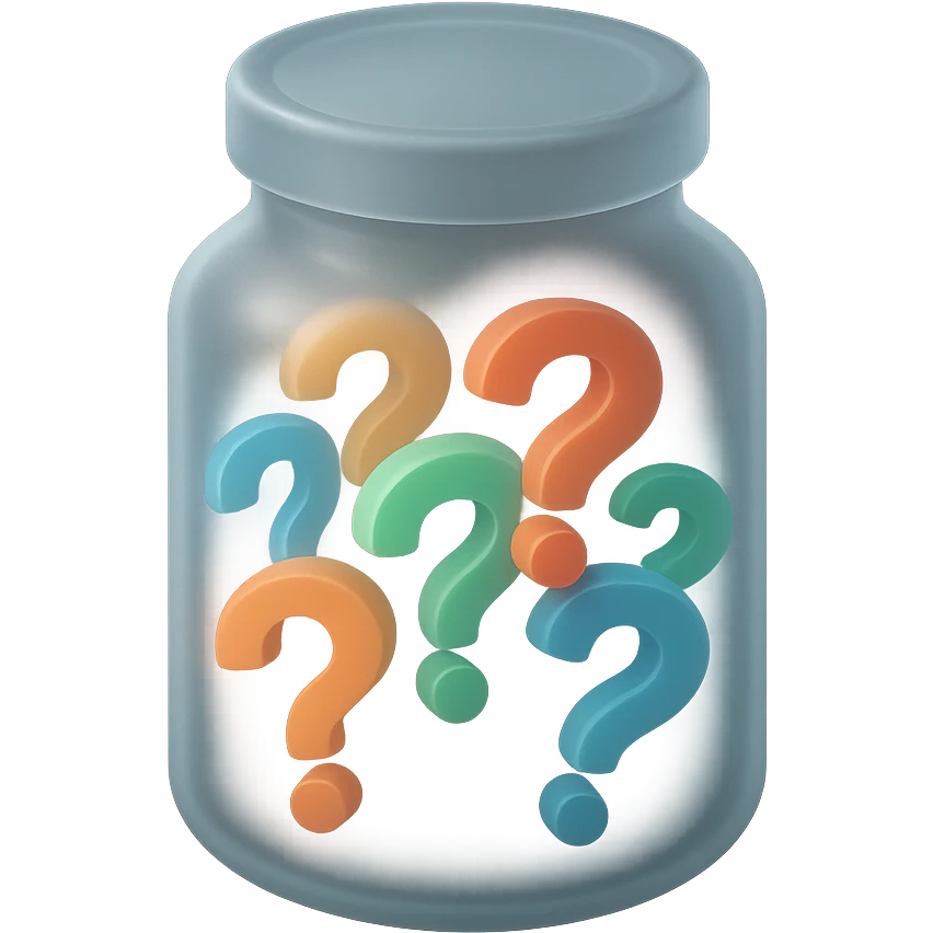 glass jar filled with colorful question marks inside, matte glass style emoji