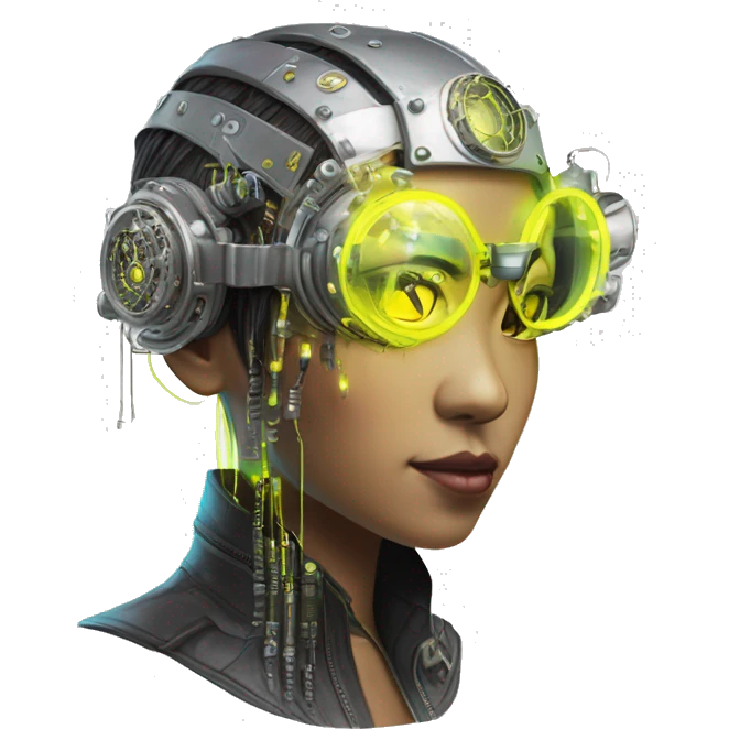 Neon yellow bobbed hair Asian female cyborg head with silver steampunk goggles and circuits emoji