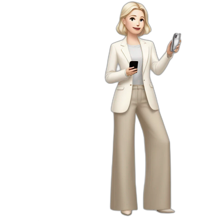 pale skin woman with ash blonde Straightened bob Hair, White Spacious classical jacket, beige palazzo Arrow pants and gray blouse holding white IPhone 14 pro in the hands emoji