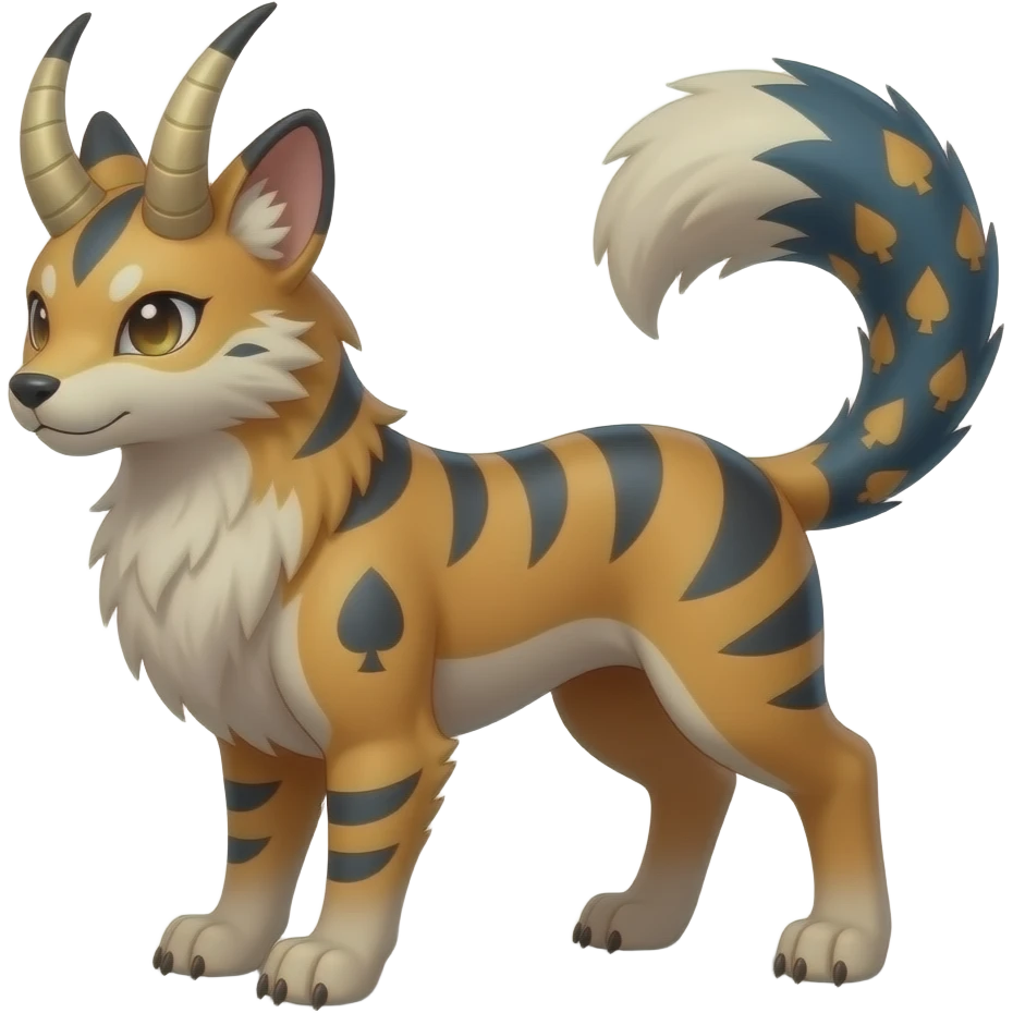 Horned Digitigrade furry fuzzy elemental realistic pretty elegant sleek shiny patterned quadrupedal Randomly patterned Shinx-Pyroar-Houndour-Arcanine-Electrike-animal-hybrid, full body, with an imp-spade-tail emoji