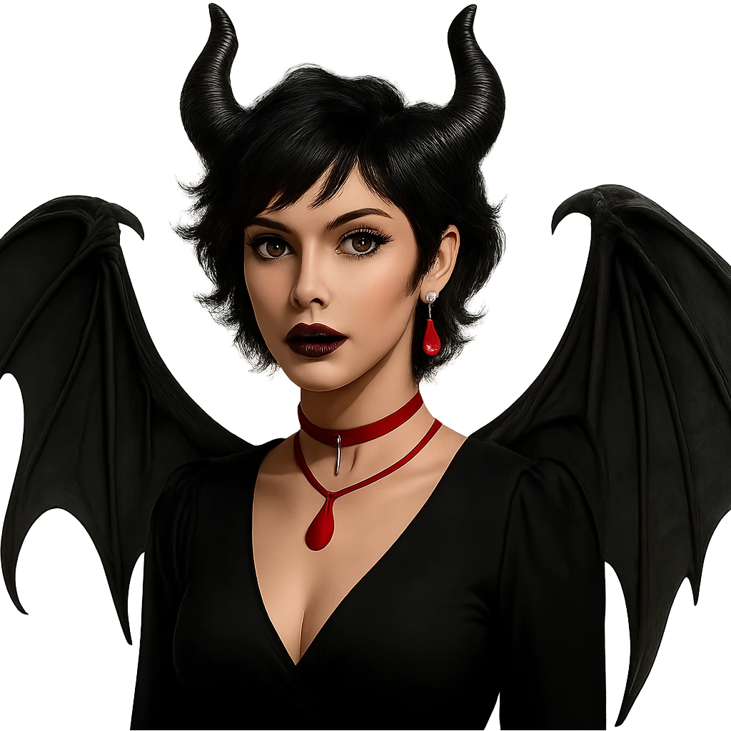 Adjust the goddess Lilith to wear a low cut black long sleeve dress, keeping all other features the same: light skin, short shaggy black hair with red streaks, Maleficent-style horns, black bat wings, red drop earrings, red drop choker necklace, blue eyes with dramatic cat-eye eyeliner, black lipstick, silver nose ring, septum ring, lip ring, and three ear piercings in each visible ear. Keep the background transparent. The style should maintain the look of the original image. emoji