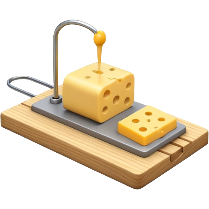 A 3D emoji in iOS emoji aesthetic style of a small mousetrap on a wooden base with a tiny gray mouse approaching a small piece of yellow cheese on it, minimal white background, bright lighting, clean and glossy Apple-style design emoji