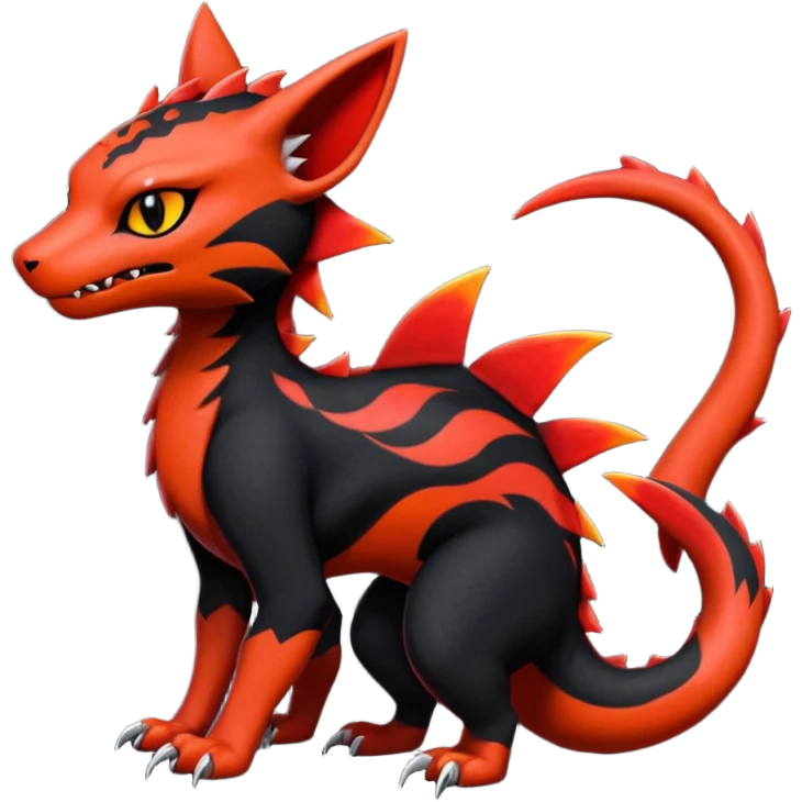 Cherry-Red and Jet-Black Fierce Fiery Mohawked Gothic Salandit-Litten-Torracat-hybrid-creature (full body) emoji