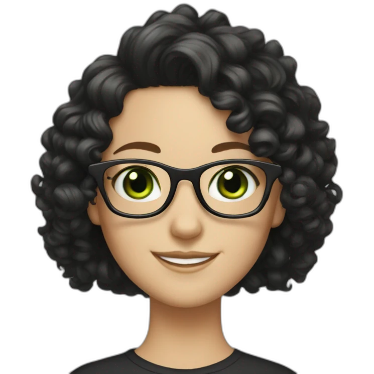 white girl with black long curly hair and green eyes smiling and big rectangle glasses emoji