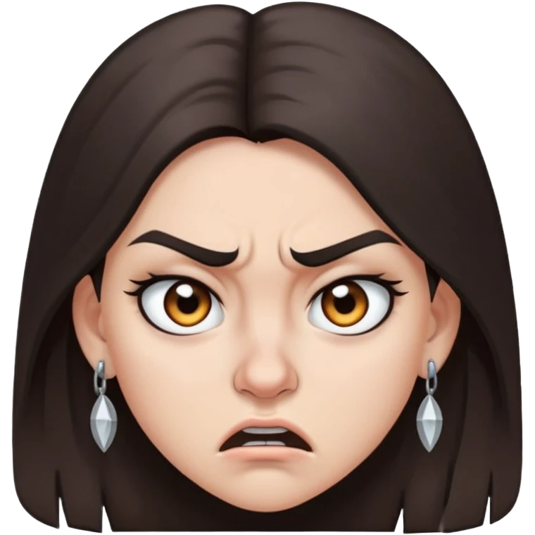 angry girl with long dark brown hair, grey eyes, nose earring on right, pierced ears emoji