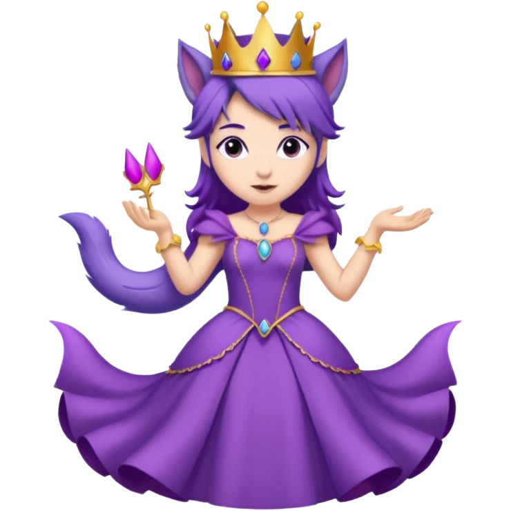 A princess wearing a purple dress and crown with purple hair and purple wolf ears and purple wolf tail character. doing different actions against a white background And make a gap between each illusion emoji