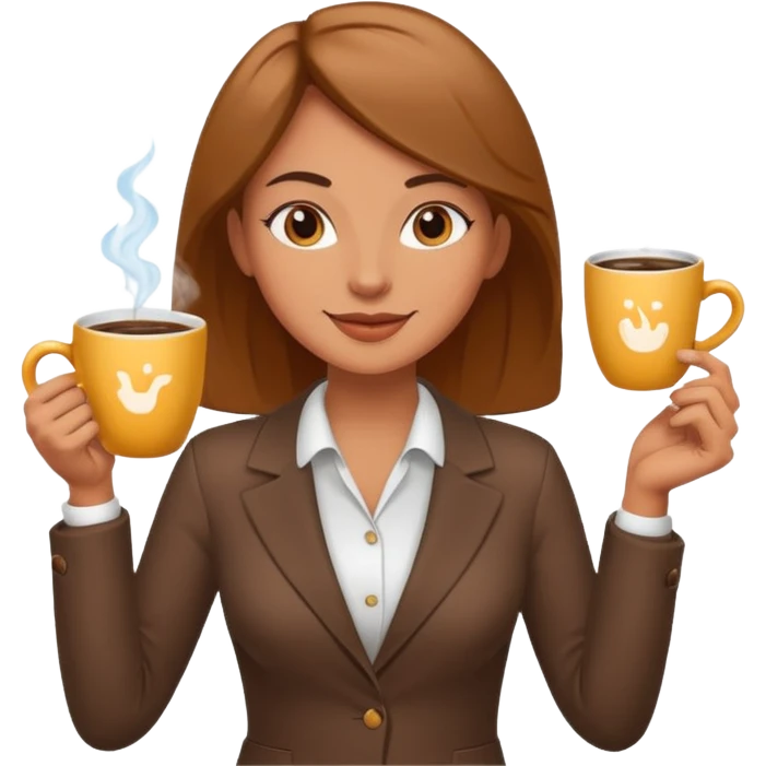 girl boss, cartoon, cheerful, holding coffee emoji