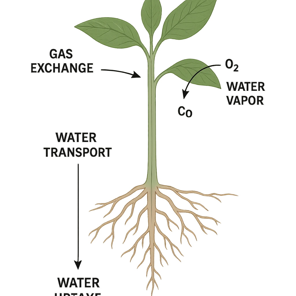 A highly scientific, labeled root-to-leaf diagram showing water uptake, transport through the plant, and gas exchange, with arrows and scientific labels, no background, transparent background emoji