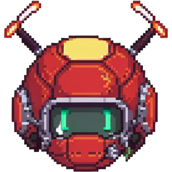 Red bomberman character, round helmet with antenna, fiery design elements, determined expression, pixel art style emoji
